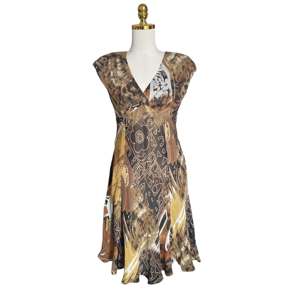 Women’s Y2K 100% Silk Brown Abstract Print Cap Sleeve Babydoll Dress Size 6